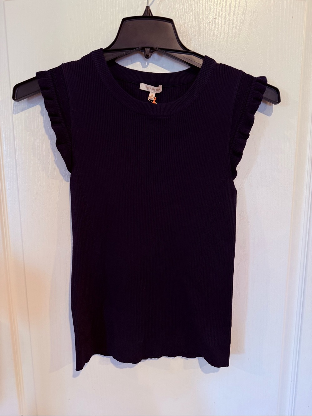 Skies Are Blue navy blue Crew Neck Ruffle Cap Sleeve Sweater Top medium new wtag